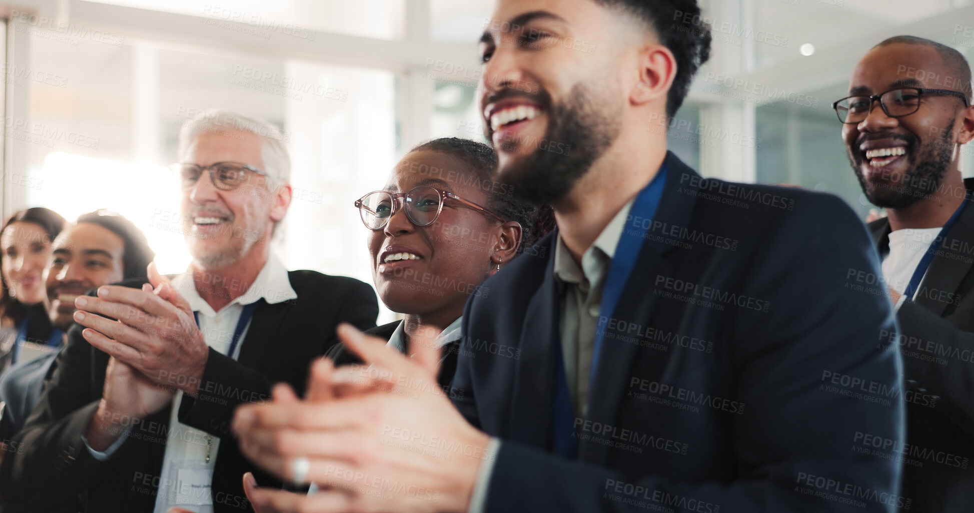 Buy stock photo Success, crowd or people at seminar with clap, achievement and celebration for company growth. Happy, victory and employees with conference, audience applause and motivation for business milestone.