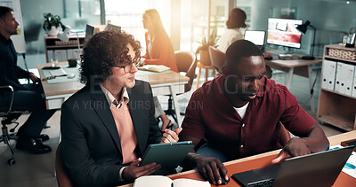 Buy stock photo Business, people and data analysis in office with laptop, digital marketing and campaign performance. Coworking, team discussion and review with computer, charts and projection for advertising stats.
