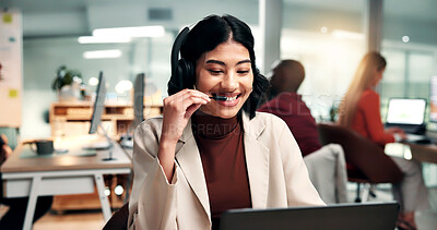 Buy stock photo Laptop, consultant and happy woman with headset in office for customer service or communication. Female person, agent or coworking with computer for virtual assistance, support or CRM in workplace