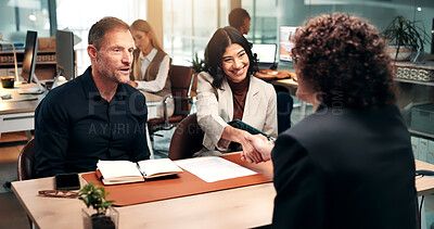 Buy stock photo Handshake, interview and business people with candidate in office for recruitment process. Shaking hands, onboarding and applicant with HR panel for meeting, job offer and agreement for hiring