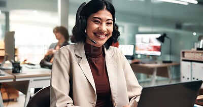 Buy stock photo Portrait, agent and happy woman with laptop in office for customer service or communication. Female person, consultant or coworking with mic or computer for virtual assistance or support in workplace