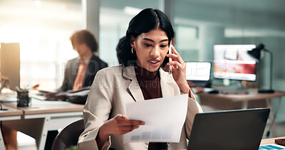Buy stock photo Documents, laptop and phone call with business woman in workplace for advice or financial feedback. Communication, computer and paperwork with finance employee in coworking office for risk management