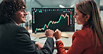 Finance, chart and people with computer screen for fist bump, trading success and investment growth. Team, celebrate and workers on pc with graph for financial profit, stock market or risk assessment