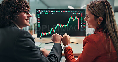 Buy stock photo Finance, chart and people with computer screen for fist bump, trading success and investment growth. Team, celebrate and workers on pc with graph for financial profit, stock market or risk assessment