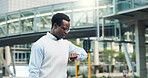City, travel and businessman with watch, time management and late for appointment and job interview. Checking, clock and black person with career opportunity, commuting and waiting for transport