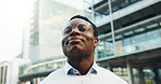 City, commuting and businessman with smile, thinking and contemplating career decision or reflection. Outdoor, thoughts and black person with eyewear, low angle and happy for job opportunity and trip