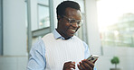 Black man, online and laughing with phone in city for travel, chatting and contact on social media. Outdoor, employee and business person with smile for funny message, reading and commute with tech