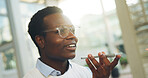 Phone, voice note and smile with black man in city for travel schedule, communication and chat. Location update, appointment and connection with business person and tech outdoor for contact or trip