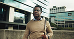 Walking, city and business black man for travel, trip and morning commute for corporate career. Thinking, professional and African person in town for journey, moving and pedestrian for finance job