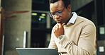 Thinking, business and black man in city with laptop, research and valuation report for real estate. Thoughts, person and realtor in town with pc, pricing property and bidding comparison for auction