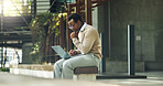 Thinking, corporate and black man in city with laptop, research and valuation report for real estate. Thoughts, person and realtor in town with pc, pricing property and bidding comparison for auction