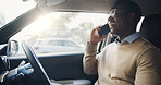 Car, happy and black man with phone call in city with communication for update on finance project. Cellphone, smile and financial manager on mobile discussion in vehicle for feedback on investment.