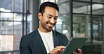 Businessman, office and research with tablet for network connection or online trading in workplace. Man, employee or broker with smile or technology for business investment or finance in building