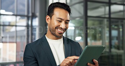 Buy stock photo Businessman, office and research with tablet for network connection or online trading in workplace. Man, employee or broker with smile or technology for business investment or finance in building