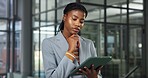 Office, thinking and black woman with tablet for finance research, online investment or choice. Female person, business or employee contemplating with technology for financial decision in workplace