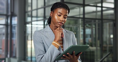 Buy stock photo Office, thinking and black woman with tablet for finance research, online investment or choice. Female person, business or employee contemplating with technology for financial decision in workplace