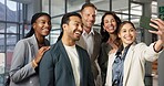 Happy, selfie or business people in office for photography, memory or capture moment together. Excited, group or employees with smile, team or unity for social media post, picture or app in workplace