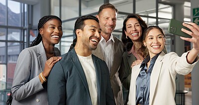 Buy stock photo Happy, selfie or business people in office for photography, memory or capture moment together. Excited, group or employees with smile, team or unity for social media post, picture or app in workplace