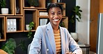 Sustainable, happy or black woman in office with portrait, esg advisor or confidence in eco startup. Smile, ambition or csr consultant with pride, compliance service or about us in green business.