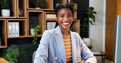Buy stock photo Sustainable, computer or black woman in office with portrait, esg advisor or pride in eco startup. Happy, tech or csr consultant with confidence, compliance service or about us in green business.