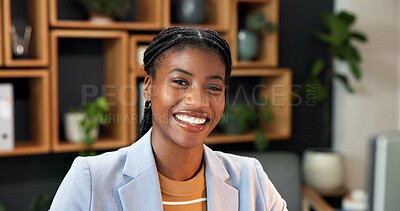 Buy stock photo Sustainable, portrait or black woman in office with computer, esg advisor or pride in eco startup. Happy, confidence or csr consultant with tech, environmental service or about us in green business.