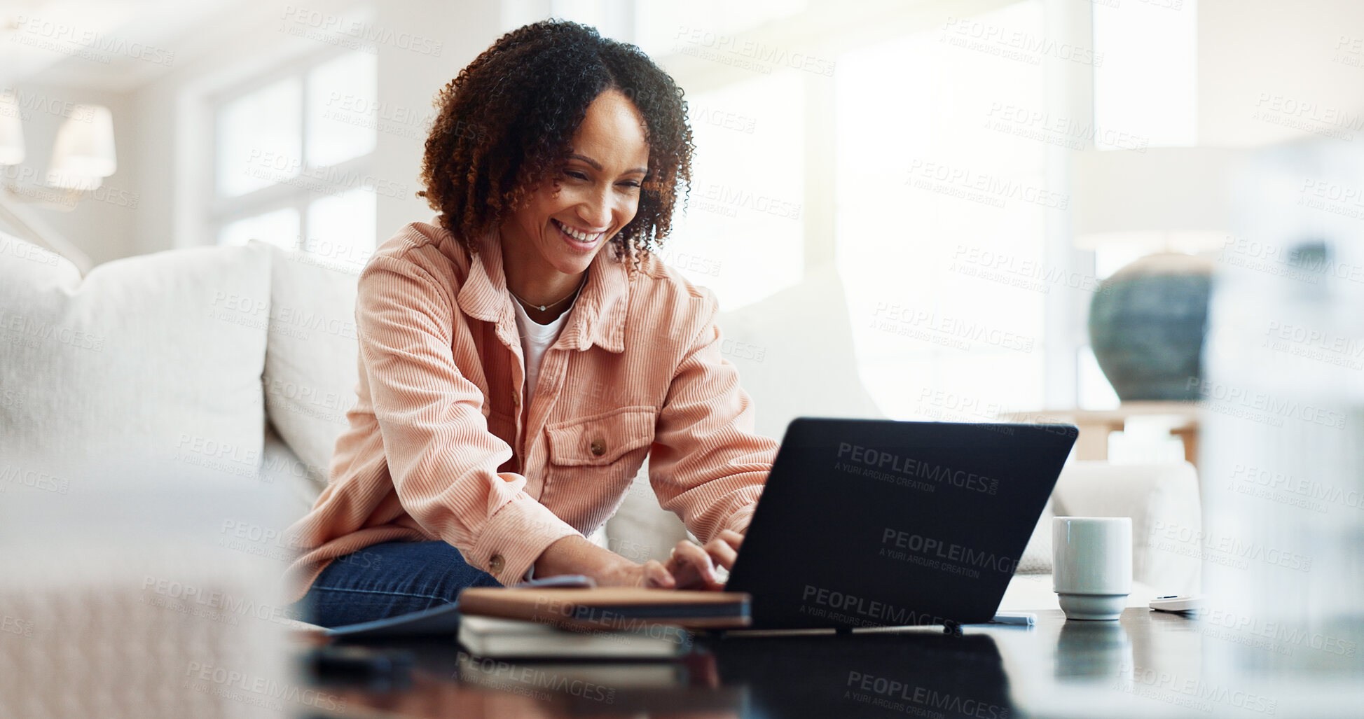 Buy stock photo Journalist, home or happy woman with laptop for online story, research or network connection on sofa. Female person, freelancer or journalism with smile on computer for blog or article in house