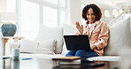 Wave, home and happy woman with laptop for video call, communication or virtual conversation. Female person, freelancer or smile with computer for online discussion, webinar or connection in house
