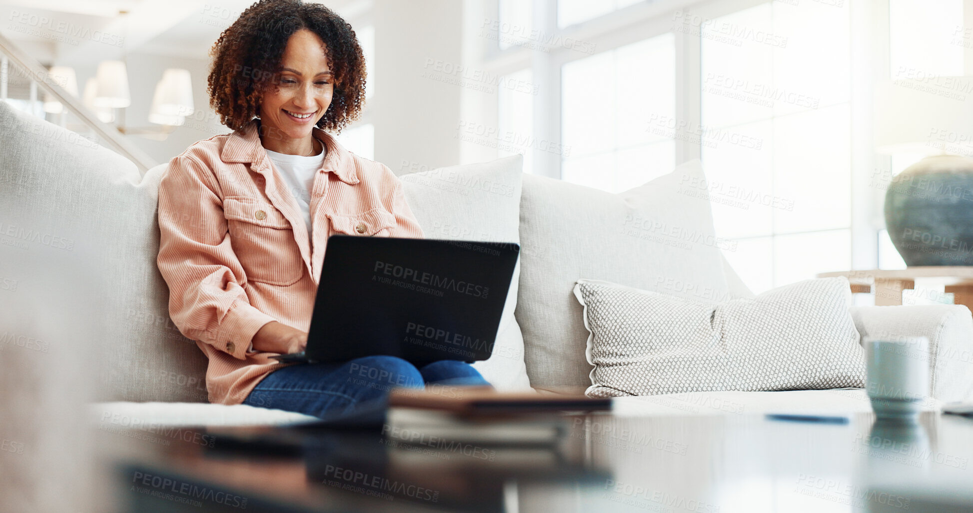 Buy stock photo Journalist, home or happy woman with laptop for remote work, research or network connection on sofa. Female person, freelancer or journalism with computer for blog, online article or story in house