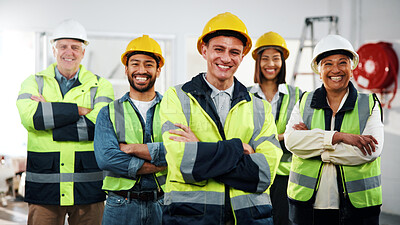 Buy stock photo Happy, man and group with arms crossed for construction, site leader and renovation collaboration. Project manager, engineers and confident with PPE for remodeling portrait, development team or pride
