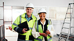 Portrait, smile and architecture team at construction site with helmet, collaboration and expertise. Happy, mature people or architect in building with experience, safety gear or project partnership.