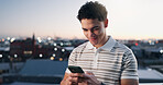 Connection, phone and man in city in evening for internet, network and smile for digital streaming. Person, mobile app and twilight connectivity for forum, website or social media with technology