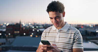 Buy stock photo Connection, phone and man in city in evening for internet, network and smile for digital streaming. Person, mobile app and twilight connectivity for forum, website or social media with technology