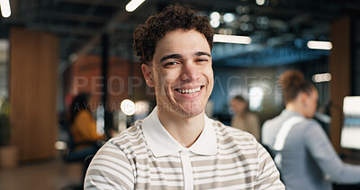 Buy stock photo Happy, professional and portrait of businessman in office with confidence for career in web development. Smile, about us and software developer with pride for UX design project in startup workplace.