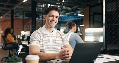 Buy stock photo Happy, laptop and portrait of businessman in office with confidence for career in web development. Computer, about us and software developer with pride for UX design project in startup workplace.