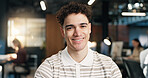 Smile, professional and portrait of businessman in office with confidence for career in web development. Happy, about us and software developer with pride for UX design project in startup workplace.