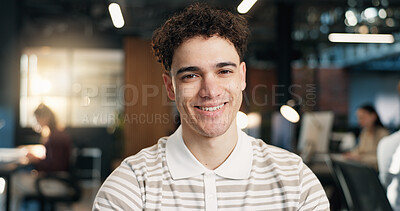Buy stock photo Smile, professional and portrait of businessman in office with confidence for career in web development. Happy, about us and software developer with pride for UX design project in startup workplace.