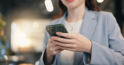 Buy stock photo Phone, typing and hands of businesswoman in office with texting, research or email communication. Technology, networking and corporate employee with cellphone for project feedback on app in workplace