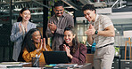 Excited, applause and team with laptop in office, laughing or celebration for brand campaign on web. Business people, clapping and happy colleagues with technology, achievement and digital marketing