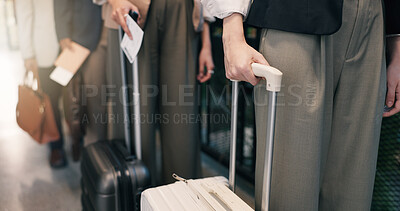 Buy stock photo Hands, people and waiting at airport with suitcase, checkin and flight departure for travel. Business, employees or queue at terminal with luggage, passport control and border security of immigration