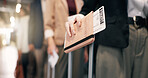 Hands, person and waiting at airport with passport, checkin and flight departure for travel. Passenger, queue and ticket at terminal with luggage, airline control and border security for immigration