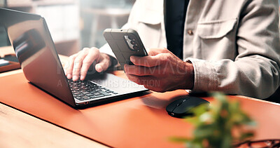 Buy stock photo Hands, phone and business man with laptop for research, website and digital notes for copywriting. Office, creative and person with tech for online article, story pitch and email for edit feedback 