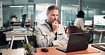 Laptop, problem solving and business man in office with financial email, data analysis or coworking. Computer, reading and serious mature person in company for thinking, investment metrics or ponder