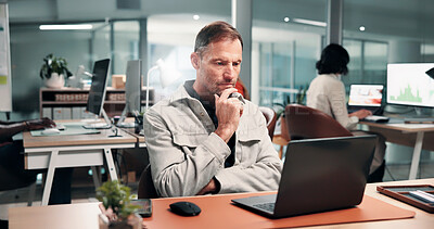 Buy stock photo Laptop, problem solving and business man in office with financial email, data analysis or coworking. Computer, reading and serious mature person in company for thinking, investment metrics or ponder