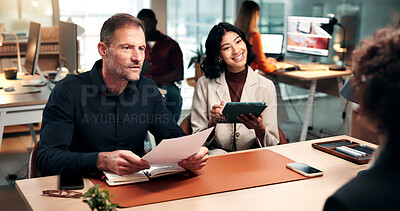 Buy stock photo HR, team and people with document, interview or question for candidate for job opportunity in office. Business, recruitment and happy recruiter with tablet, vacancy and discussion with applicant