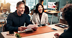 Laughing, hr and team with documents, job interview and conversation with applicant for opportunity. Office, recruitment and happy people with resume, vacancy and discussion with candidate in meeting