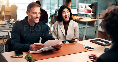 Buy stock photo Laughing, hr and team with documents, job interview and conversation with applicant for opportunity. Office, recruitment and happy people with resume, vacancy and discussion with candidate in meeting