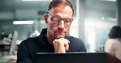 Buy stock photo Laptop, thinking and business man in office with financial email, private equity or coworking. Computer, reading and serious mature person in company for problem solving, investment review or ponder