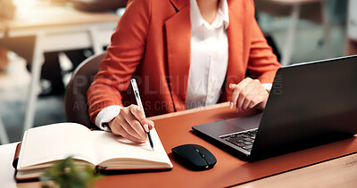 Buy stock photo Hands, writing and research with laptop in business, HR and drafting employment contract and policy. Office, notes and person with notebook, online and planning for recruitment process with tech