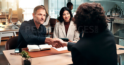 Buy stock photo HR, smile and handshake with applicant, job interview and agreement for career growth or opportunity. Happy people, discussion and hiring process in meeting, vacancy and shaking hands with candidate