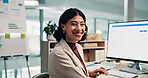 Portrait, woman and screen at call centre with computer, script and customer service for finance. Smile, advisor or consultant in office with pc, billing inquiry and account balance for financial crm